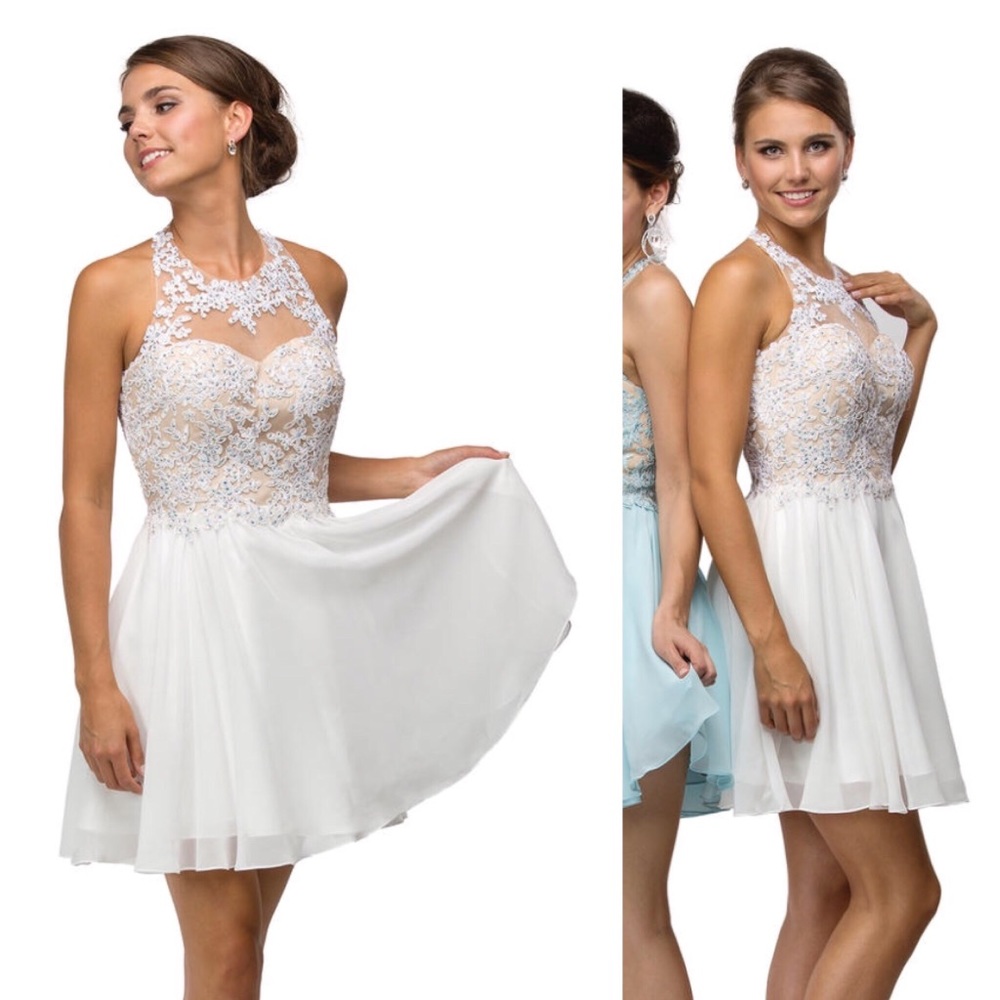 Beaded lace short sleeveless dress in white